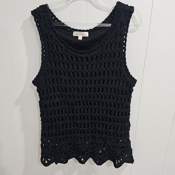 Adiva Tops - ADIVA Black Crochet Knit Sleeveless Tank Top Lined L Boho Coastal Scalloped Hem